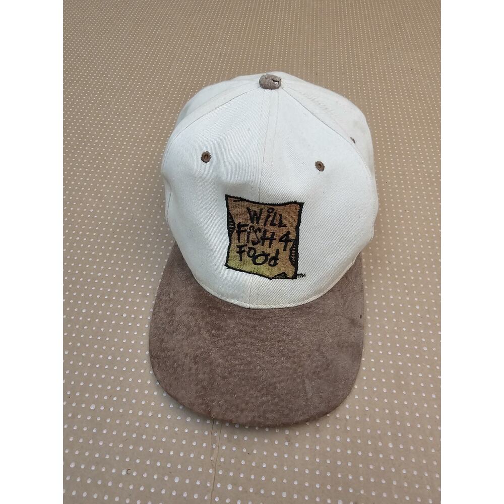 Vintage KC Hat Cap Beige Brown Snap Back Mens 'Will Fish 4 Food' 90s
